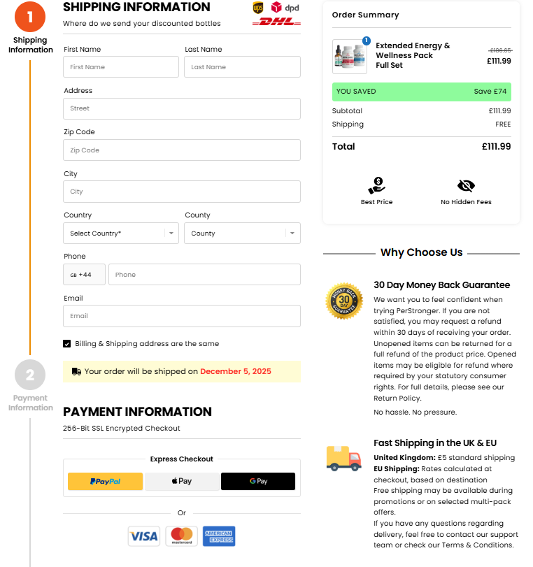 "Doctor-style consultation reminder to speak to a healthcare professional prior to using PerStronger"