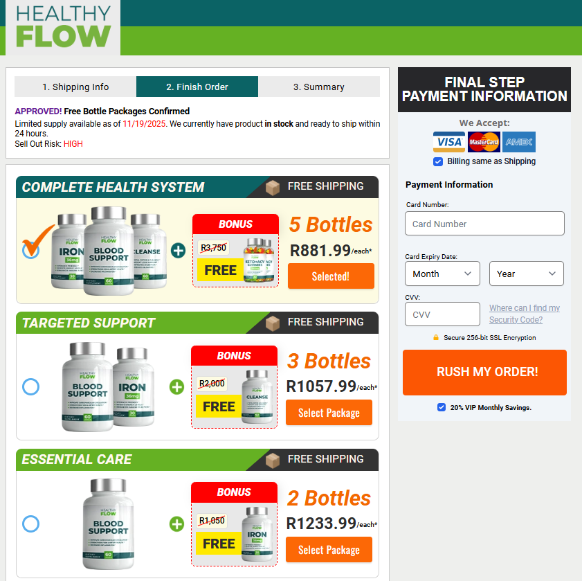 Price tag display for Healthy Flow Blood Support ZA supplement